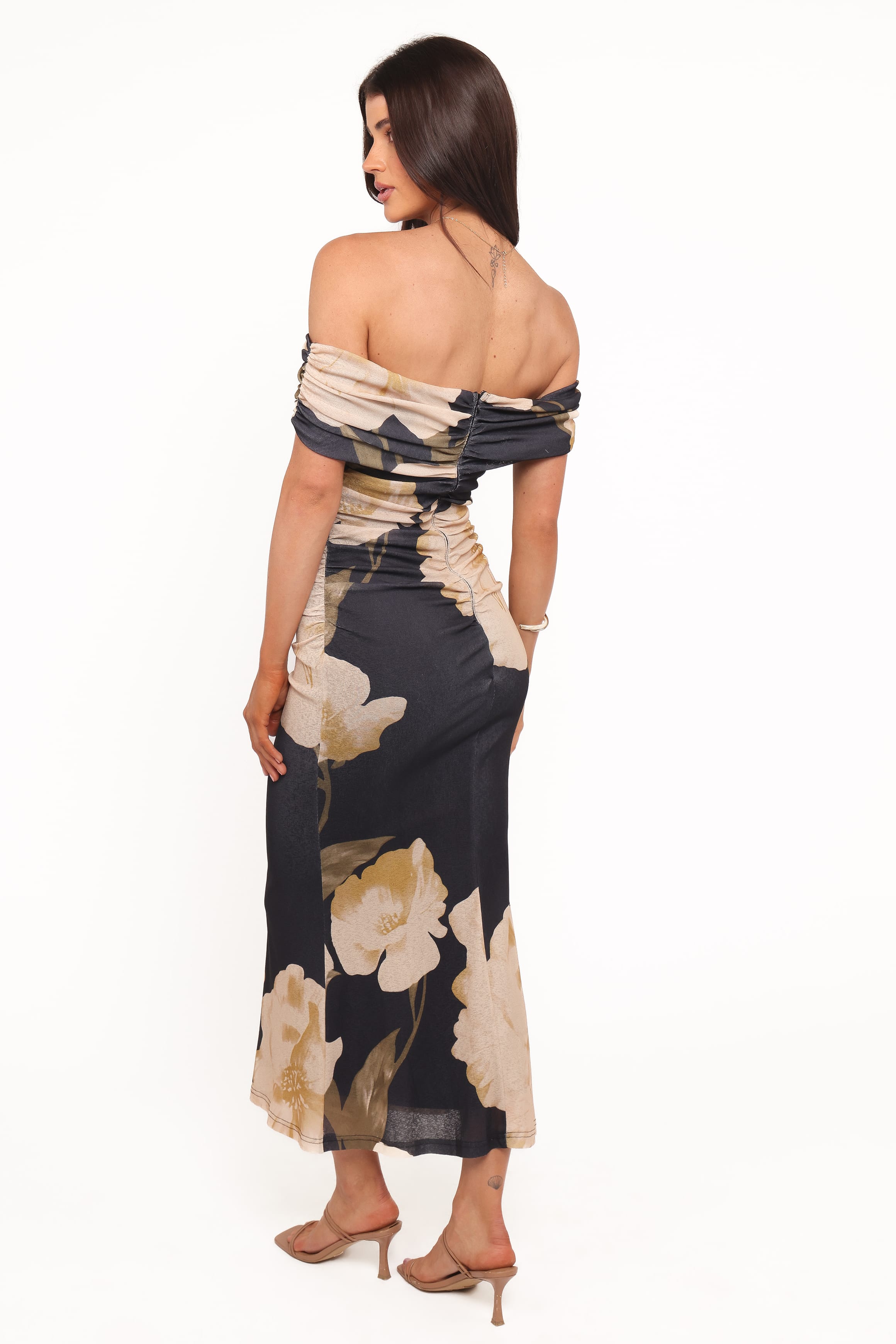 Koda Off Shoulder Midi Dress - Black Floral